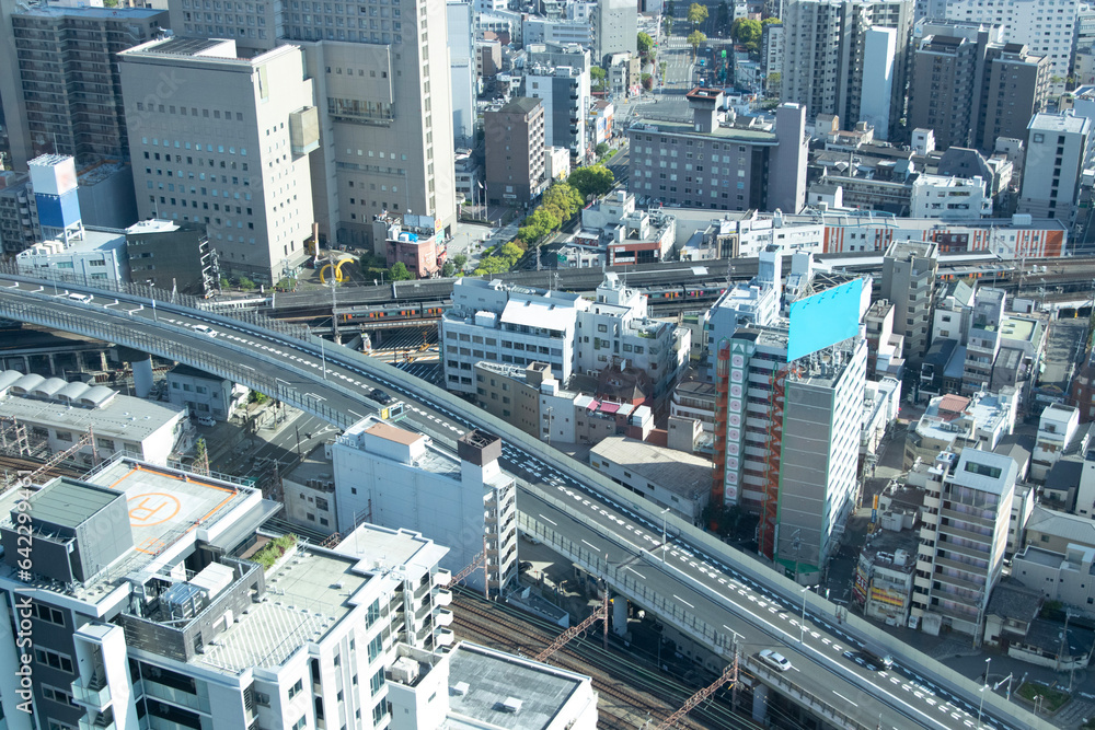 A panorama cityscape near the railway in Osaka wide shot