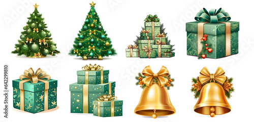 Sticker, Clipart set of green christmas tree, golden bell and gift box on transparent background, generated ai