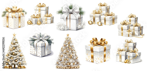 Sticker, Clipart set of golden christmas tree and gift box on transparent background, generated ai