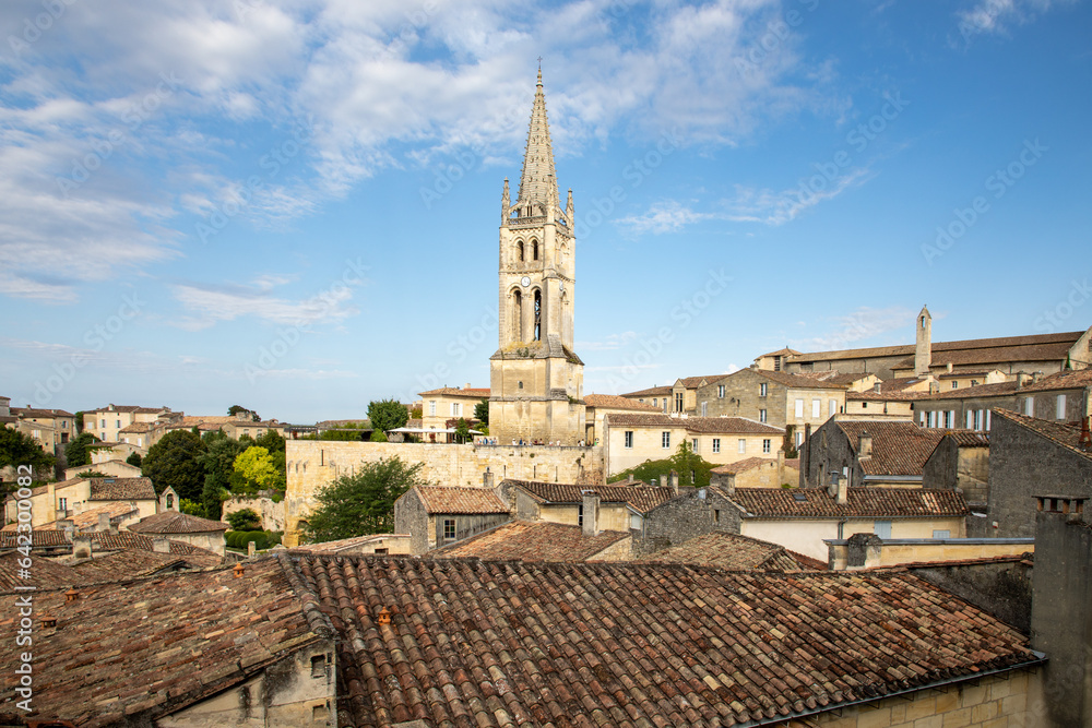 Large view city and church Saint Emilion village Gironde Aquitaine france