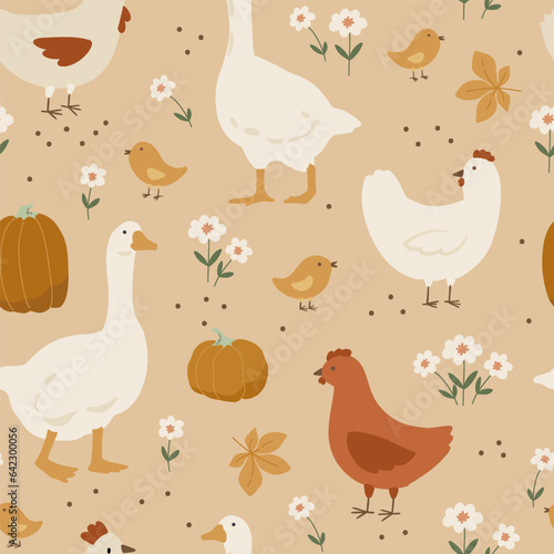 Autumn and thanksgiving seamless pattern with farm birds geese and chickens, cottage core style, digital paper repeating background for fabric, wallpaper, wrapping paper and surface design