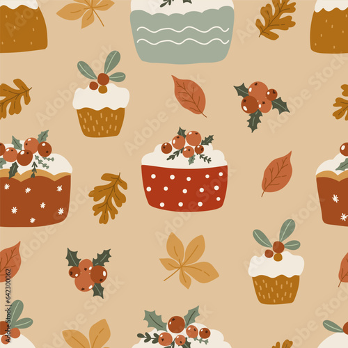 Autumn and thanksgiving seamless pattern with pies and cupcakes  digital paper repeating background for fabric  wallpaper  wrapping paper and surface design