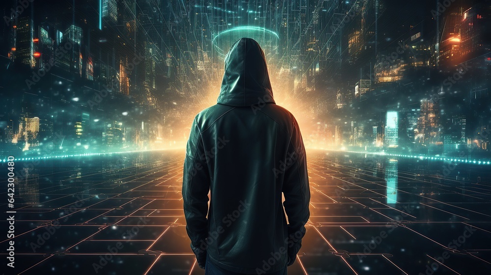 Artificial Intelligence, a hacker on ai room with laptops, big data, generative ai Artificial Intelligence, a hacker on ai room with laptops, big data, generative ai