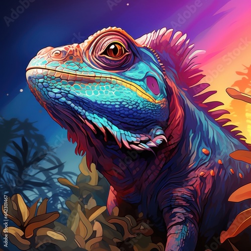 animal illustration of a chilled-out chameleon blending into a colorful background  evoking a sense of relaxation and adaptability