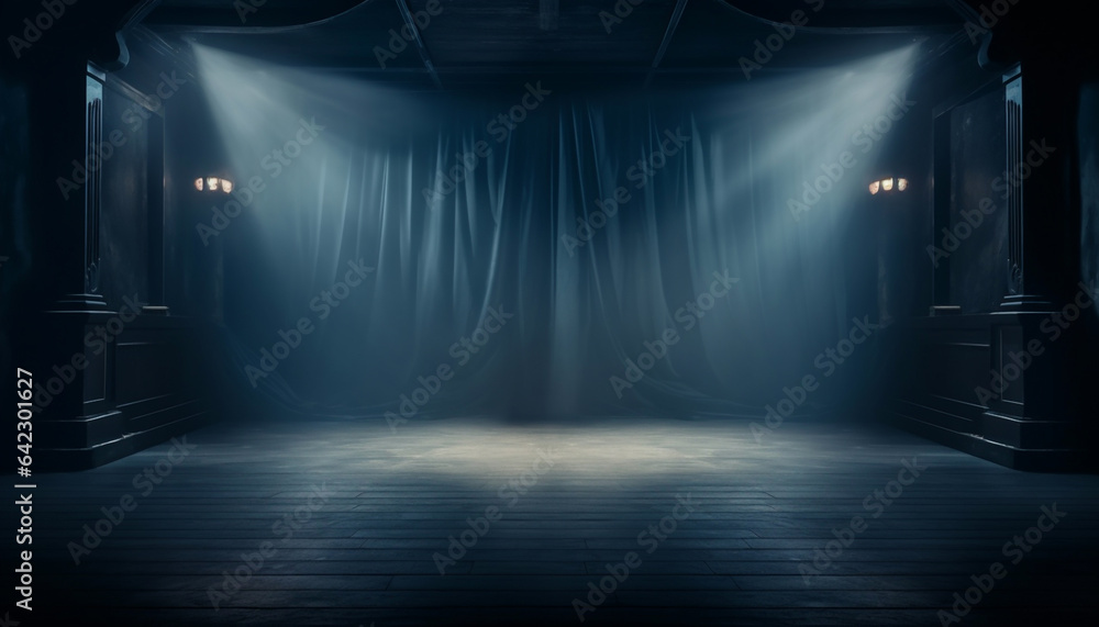 Enigmatic Stage Setting: Dark Blue Smoke on the Dimly Lit Stage