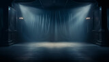 Enigmatic Stage Setting: Dark Blue Smoke on the Dimly Lit Stage