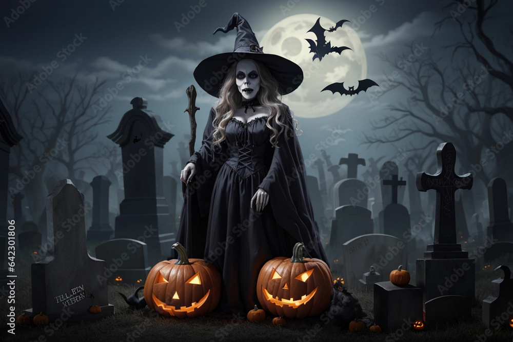 halloween theme with witch on cemetery