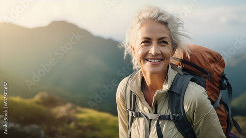 Portrait active senior woman hiking in the mountain with backpack, happy mature woman climbs to the top of the mountain with backpack photo