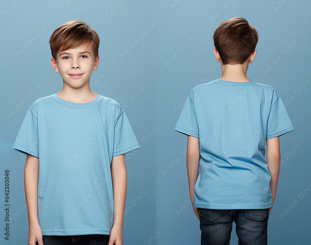 Front and back views of a little boy wearing a blue T-shirt Front and back views of a little boy wearing a blue T-shirt