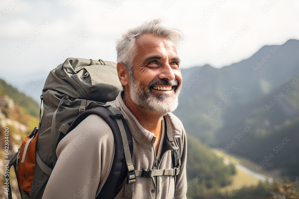 Portrait active senior man hiking in the mountain with backpack, happy mature man climbs to the top of the mountain with backpack