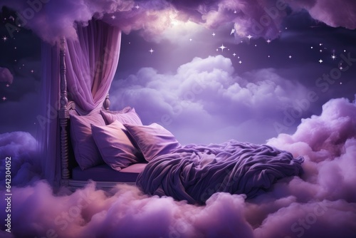 Pink and Purple bed floating in on fluffy white clouds at night, Sweet Dreams