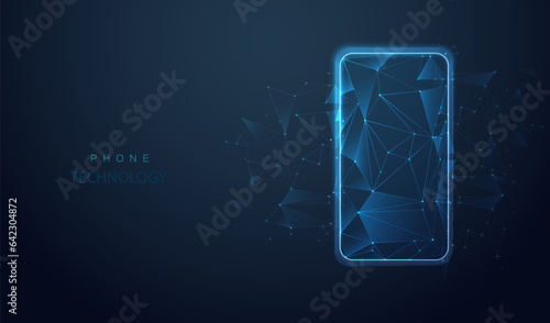 Smartphone blue touch screen display with low poly. Mobile triangle polygonal design. Connecting dots starry sky. Futuristic banner template concept. Vector phone illustration background.