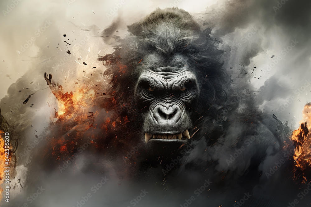 Image of ferocious eerie angry gorilla and there is smoke and fire, Wildlife Animals., Generative AI, Illustration. Image of ferocious eerie angry gorilla and there is smoke and fire, Wildlife Animals., Generative AI, Illustration.
