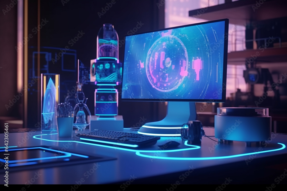 Fototapeta premium Interior of a control room with computers and screens. 3D rendering