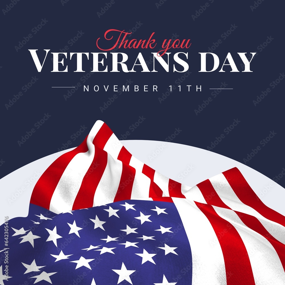 Composite of thank you veterans day text over flag of usa on blue background - obrazy, fototapety, plakaty 