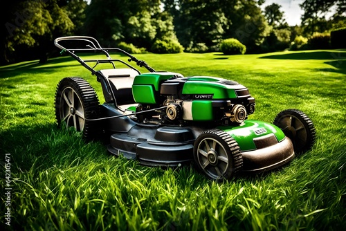 Artistic capture of a lawnmower set against a backdrop of lush green grass