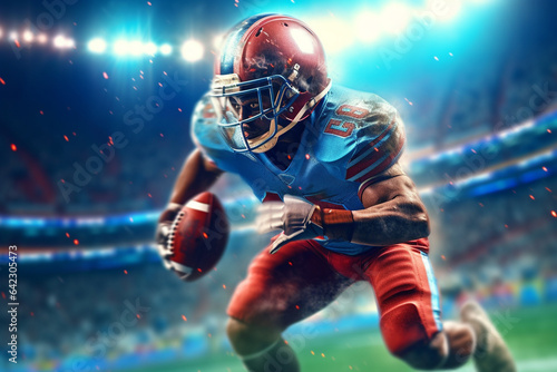 American football player in action on stadium background. 3D rendering.