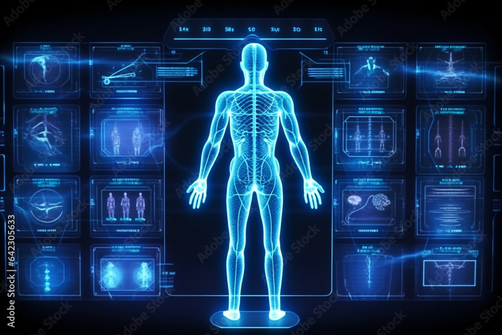 Digital x ray image of human body against blue background with vignette ...