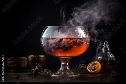 Red Halloween party cocktail with smoke on dark background