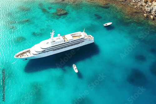 Aerial view of luxury yacht in tropical lagoon. Luxury yachts on coral reef.