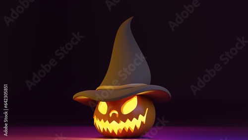 Creative 3d character of glowing Halloween pumpkin with witch hat against gradient black and purple background. Minimal concept. 3d illustration highly usable. 3d Halloween design.
