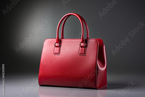 Women leather red, handbag on gray background.
