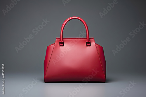 Women leather red handbag on gray background.