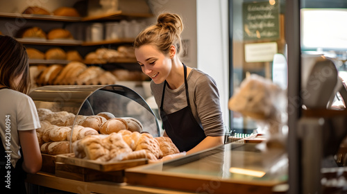 Happy woman working in modern bakery shop. Smiling young woman standing with fresh bread at her bakery shop