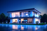 3d rendering of modern cozy house with pool and parking for sale or rent in luxurious style