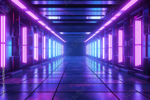 Futuristic corridor with glowing neon lights. 3D rendering.