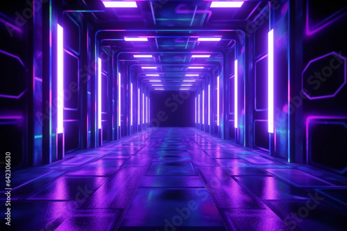 Futuristic corridor with glowing neon lights. 3D rendering.