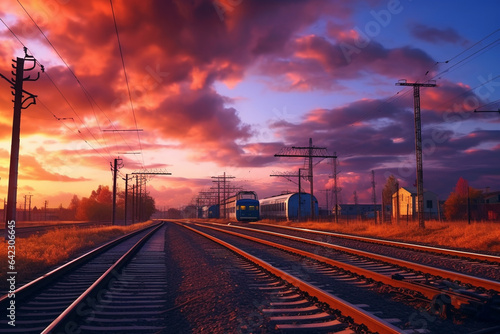 Railway at sunset. Railway tracks on a background of blue sky.