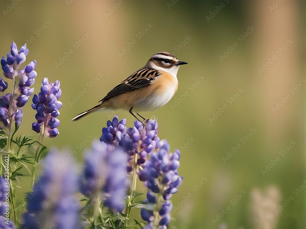 Obraz premium Free photo closeup of whinchat on a lupine in a field under the sunlight with a blurry background