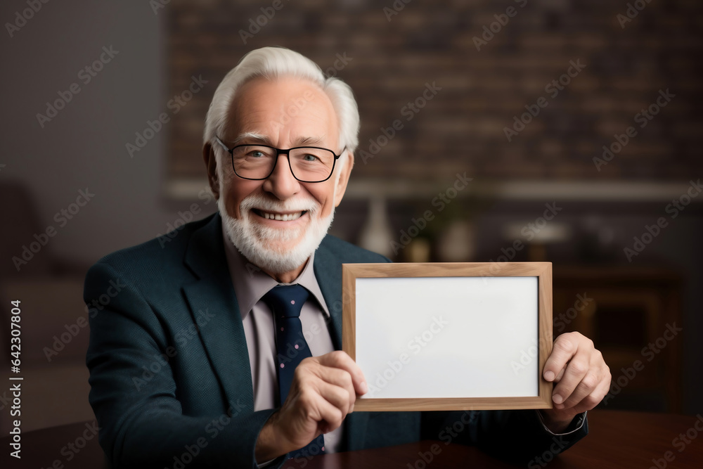 A senior man of European appearance in a business suit is holding a sign or paper. Gray-haired old man. copy space. pension reform. Happy old age and retirement. Accumulative pension system. A senior man of European appearance in a business suit is holding a sign or paper. Gray-haired old man. copy space. pension reform. Happy old age and retirement. Accumulative pension system.