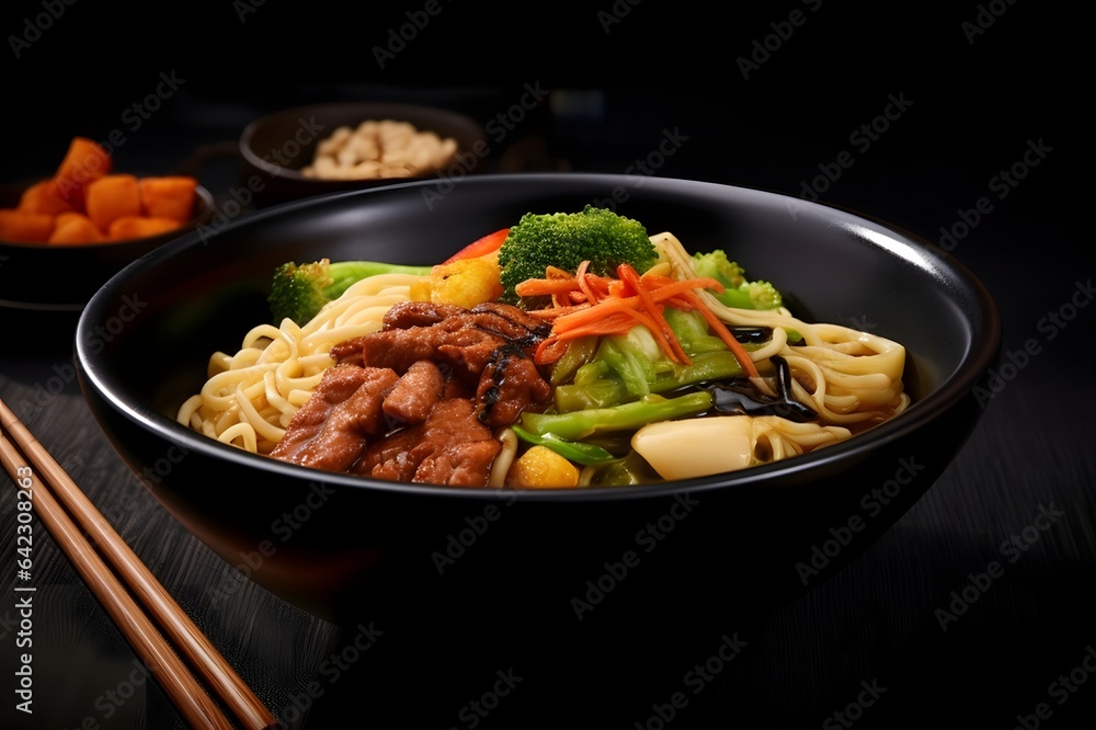 Bowl with chinese noodles with beef and vegetables Bowl with chinese noodles with beef and vegetables