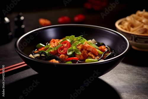 Noodles with beef and vegetables in Black bowl