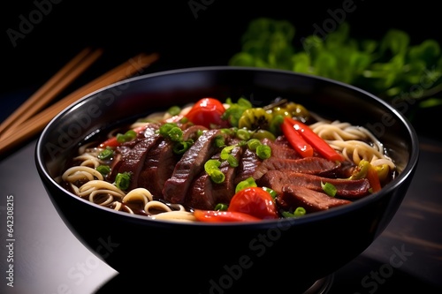Noodles with beef and vegetables in Black bowl