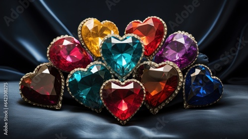 A heart-shaped arrangement of colorful gemstones on a velvet cushion