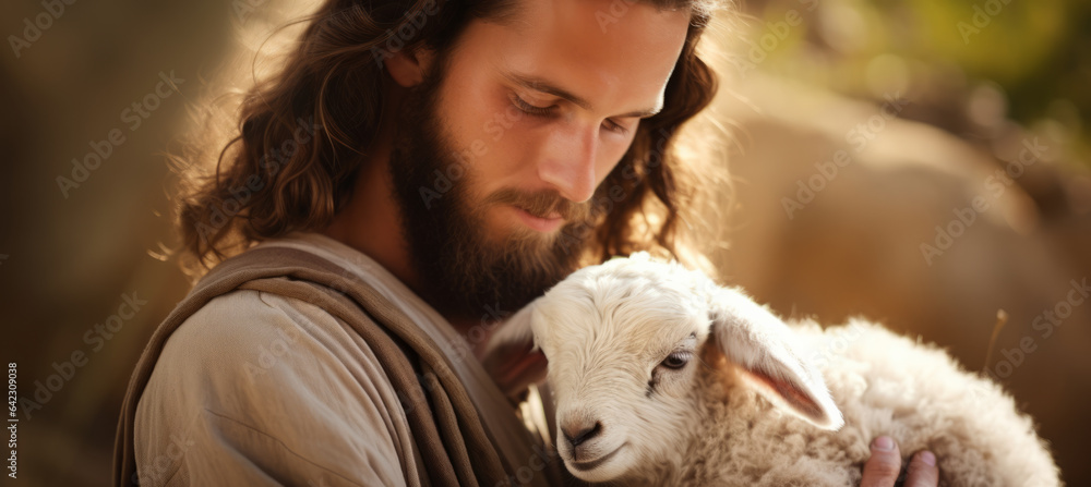 Christian banner with Jesus Christ gently holding a cute lamb with sense of protection and care, copy space Christian banner with Jesus Christ gently holding a cute lamb with sense of protection and care, copy space