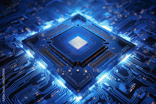 A powerful computer processor or chip on a motherboard. Modern technologies. Blue background.