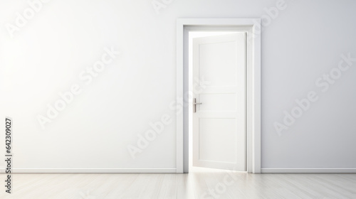 White half-open door and white wall with copy space leading to luminous unknown place