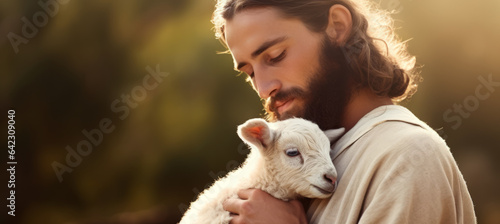 Christian banner with Jesus Christ gently holding a cute lamb with sense of protection and care, copy space