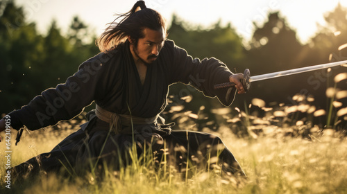 Japanese samurai training in a meadow