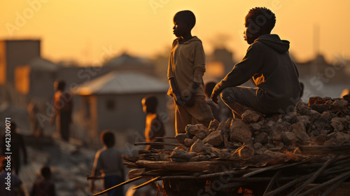 Canvas-taulu Poor black african kids on a slum roof top , children poverty in africa