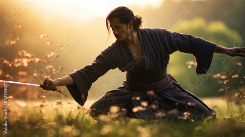 Japanese samurai training in a meadow photo