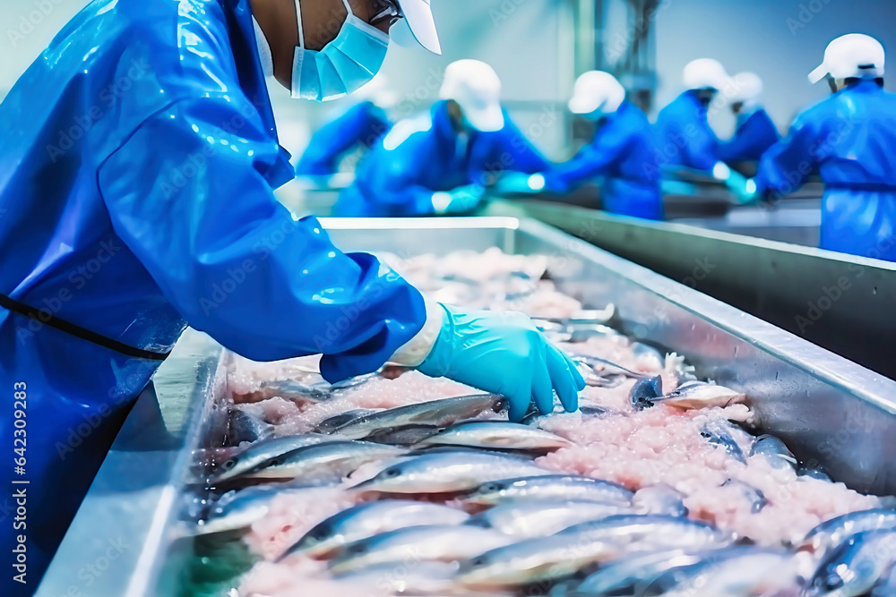 Fish processing plant. Production Line. People sort the fish moving ...