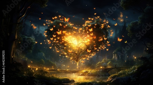 A heart-shaped arrangement of glowing fireflies in a moonlit forest photo