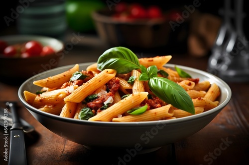 Penne pasta with tomato sauce, basil and parmesan cheese