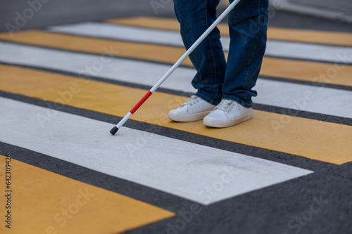 Close-up of the legs of a blind woman crossing the road at a crosswalk with a cane.  © Михаил Решетников