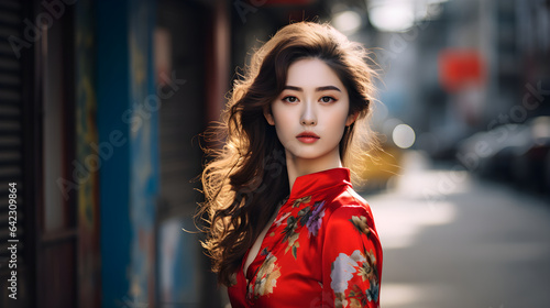 artistic woman street fashion portrait, pretty girl walking in urban city street, portrait of a smiling wearing a beautiful cheongsam dress, Generative AI